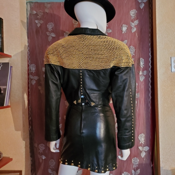 Black Leather w/ Gold Studs Skirt & Jacket Set - Picture 8 of 14